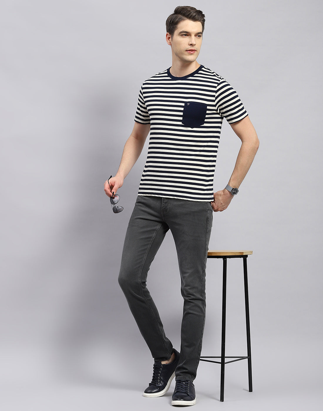 Men Navy Blue Stripe Polo Collar Half Sleeve T-Shirt