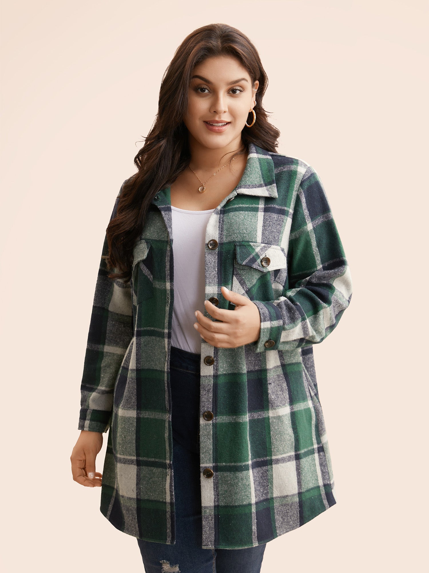 Plaid Chest Pockets Long Jacket