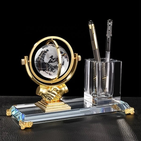 Globe Crystal Pen Holders Box. Glass. Business Tabletop Organizer. Desktop