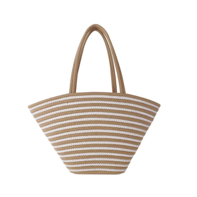 Women's Large Cotton Stripe Vacation Weave Sewing Thread Bucket Open Shoulder Bag