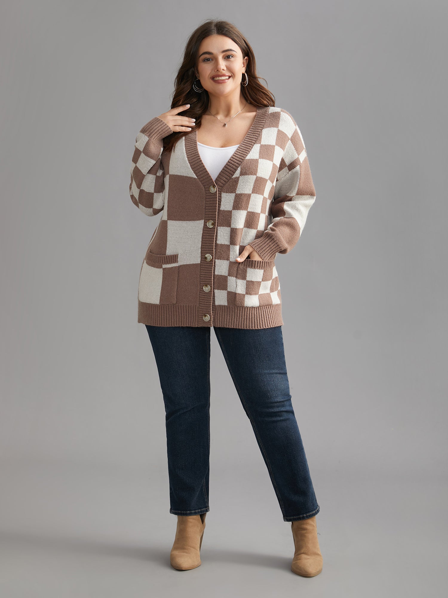 Checkered V-Neck Button Front Knit Cardigan