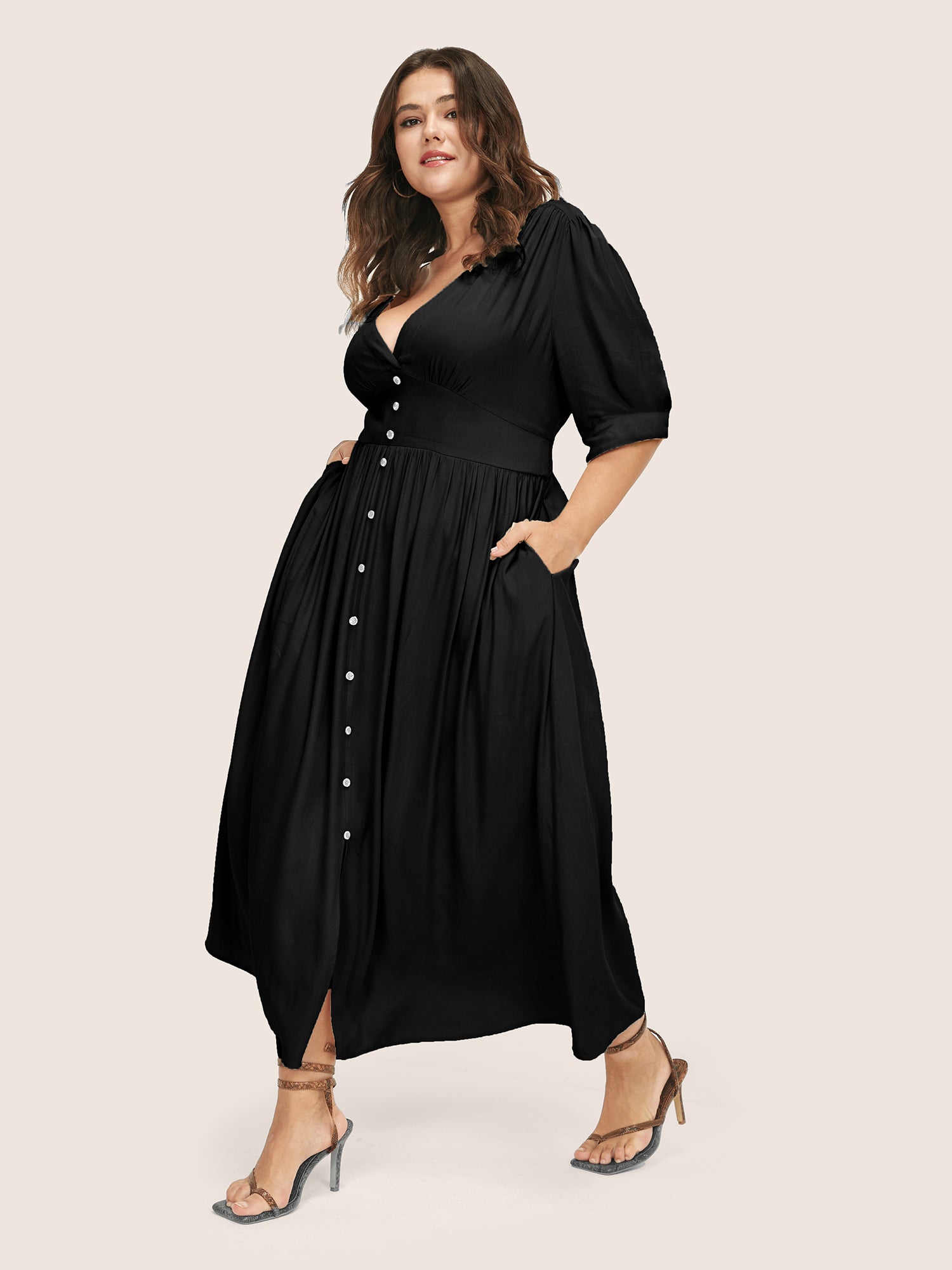 Plunging Neck Button Detail Pocket Maxi Dress