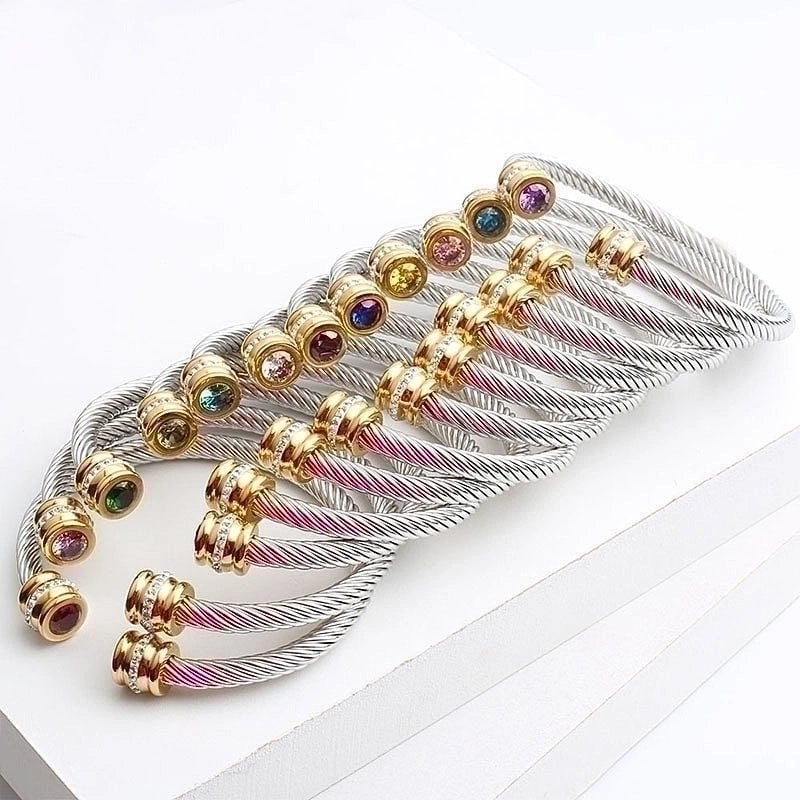 3 Pieces Minimalist Solid Color Stainless Steel Inlay Zircon Cuff Bracelets