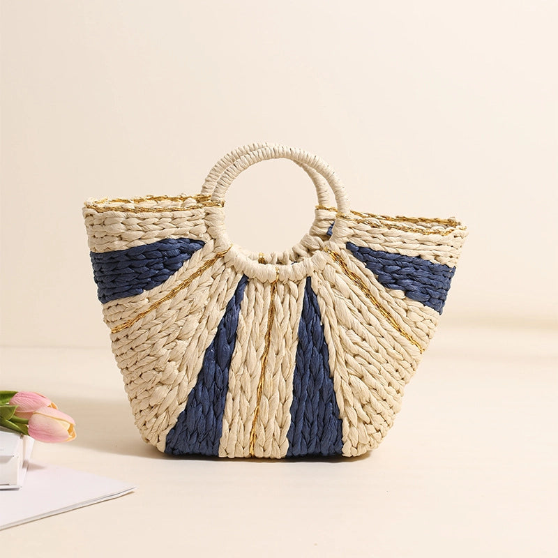 Women's Medium Straw Color Block Vacation Classic Style Weave Bucket Open Straw Bag