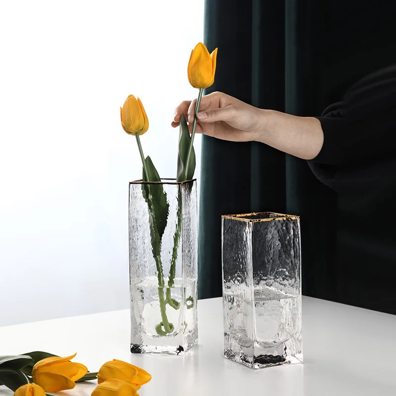 Wedding Porcelain clear glass Gradient Flower Rectangular Long Hand Crystal Glass Vase for Table Decoration