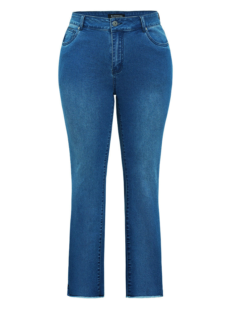 Very Stretchy High Rise Medium Wash Lace Insert Raw Hem Jeans