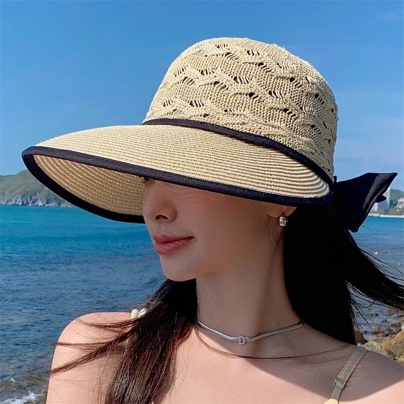 Women's Elegant Pastoral Minimalist Solid Color Bowknot Hollow Out Wide Eaves Sun Hat