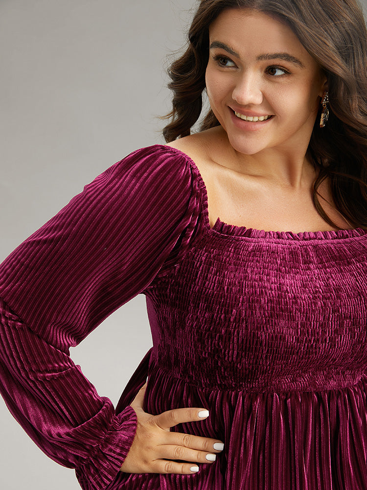 Velvet Frill Trim Shirred Square Neck Blouse