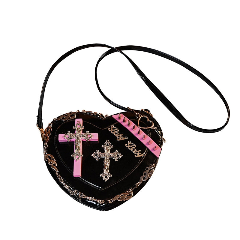 Women's Medium Pu Leather Cross Heart Shape Punk Heart-shaped Zipper Crossbody Bag