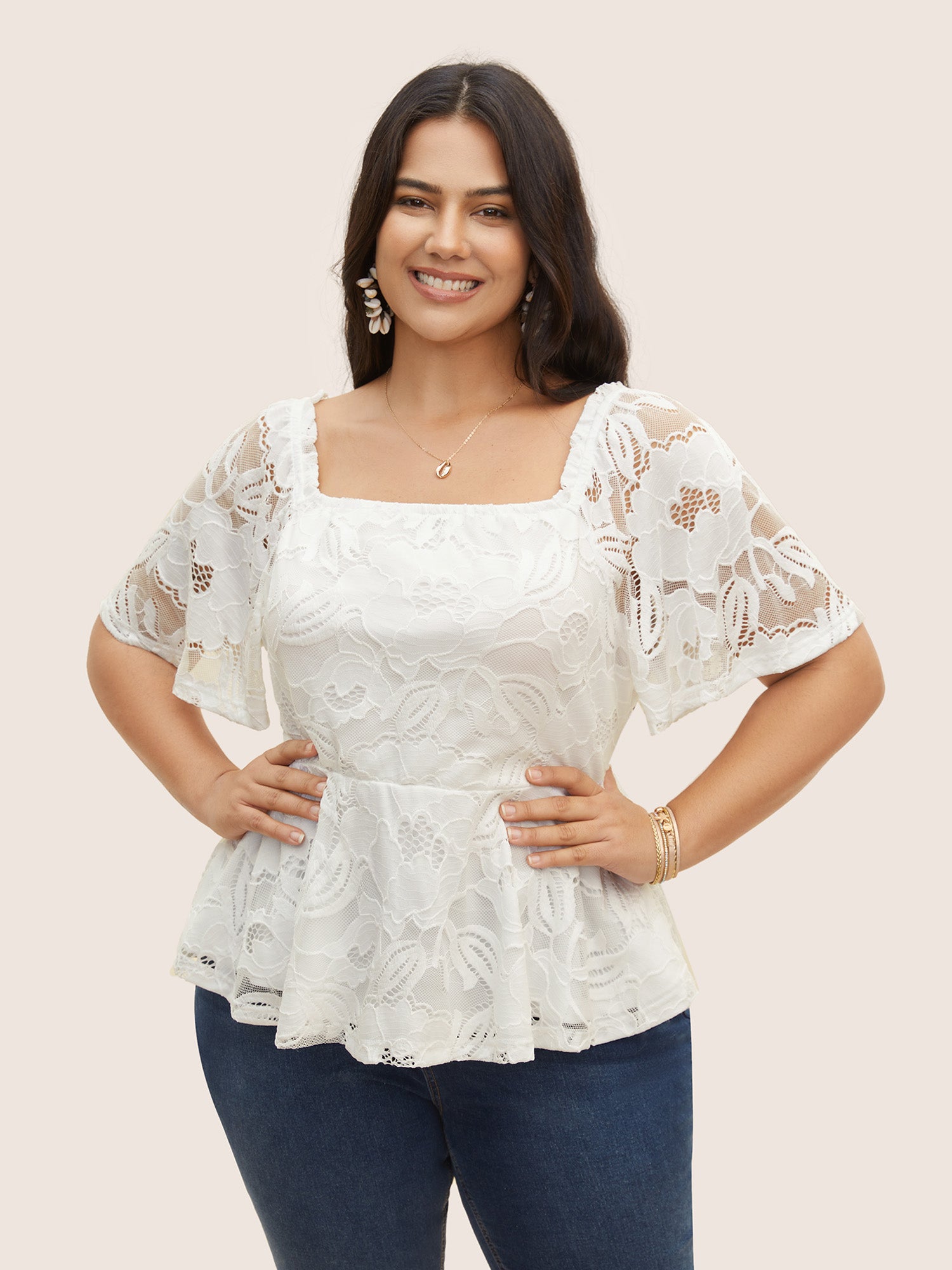 Square Neck Floral Lace Panel T-shirt