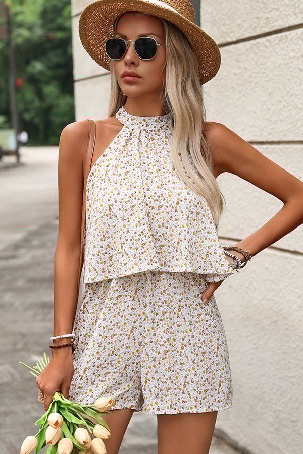 Floral Print Halter Neck Casual Rompers