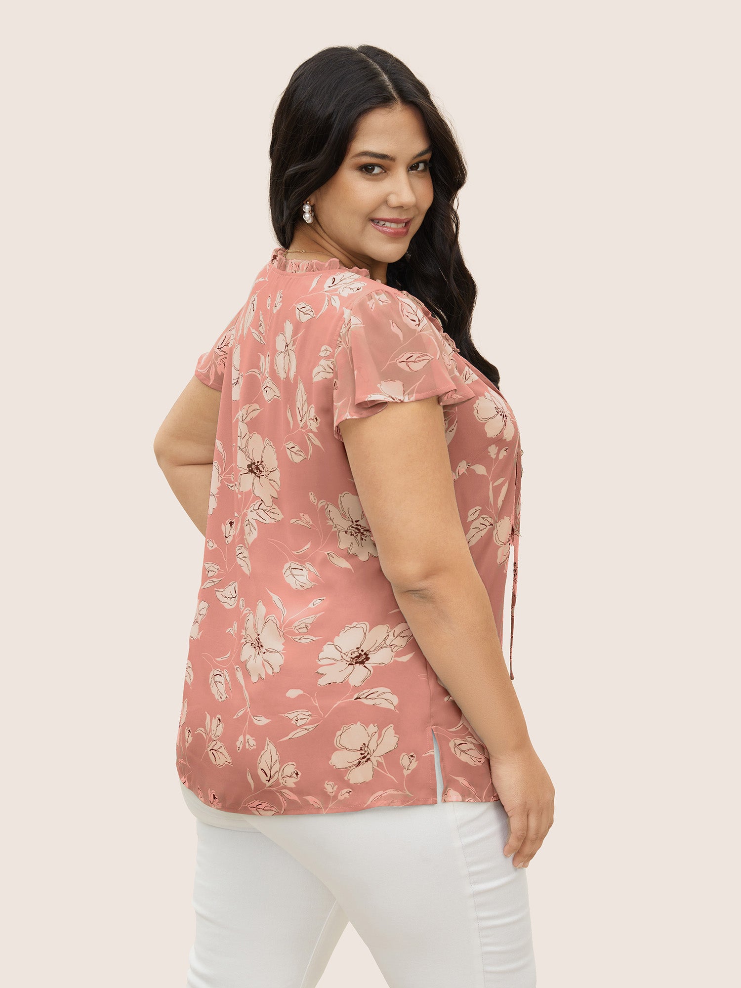 Floral Frill Trim Tie Knot Ruffles Blouse