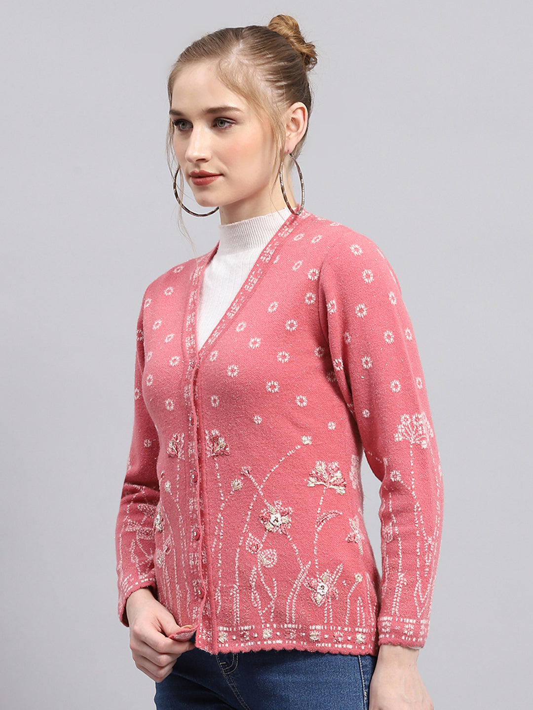 Women Pink Self Design V Neck Full Sleeve Cardigan