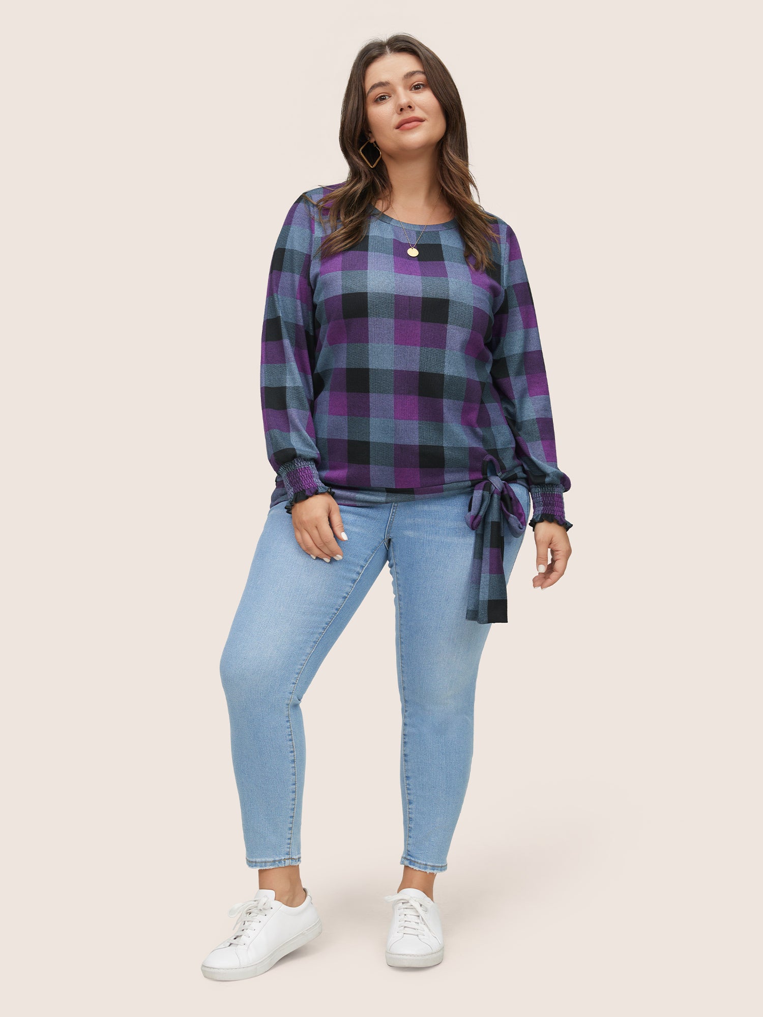 Plaid Shirred Cuffs Bowknot Detail T-shirt