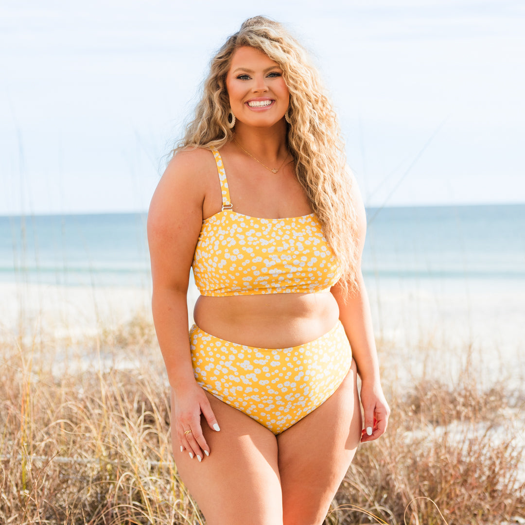 Feeling Fine And Sandy Swim Top. Yellow Floral