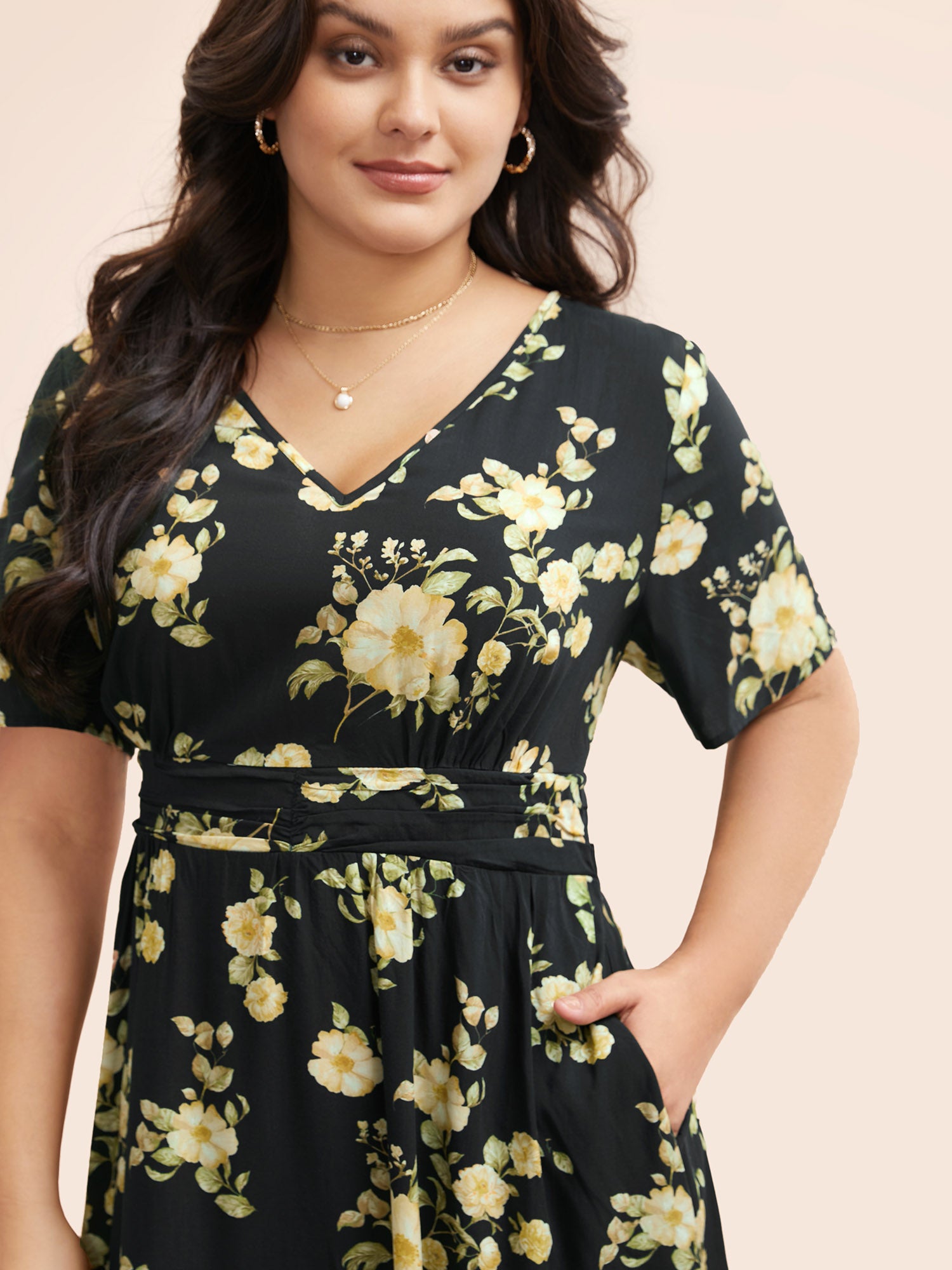 Floral Gathered Shirred Flutter Sleeve Dress