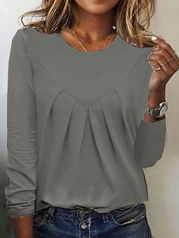 Long Sleeves Loose Pleated Solid Color Split-Joint Round-Neck T-Shirts Tops