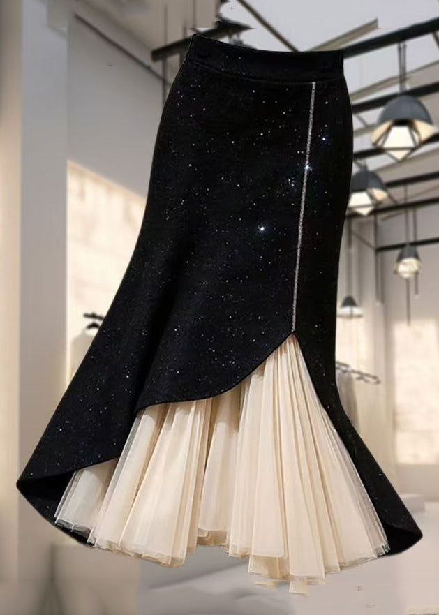 French Black High Waist Chiffon Patchwork Skirt Spring