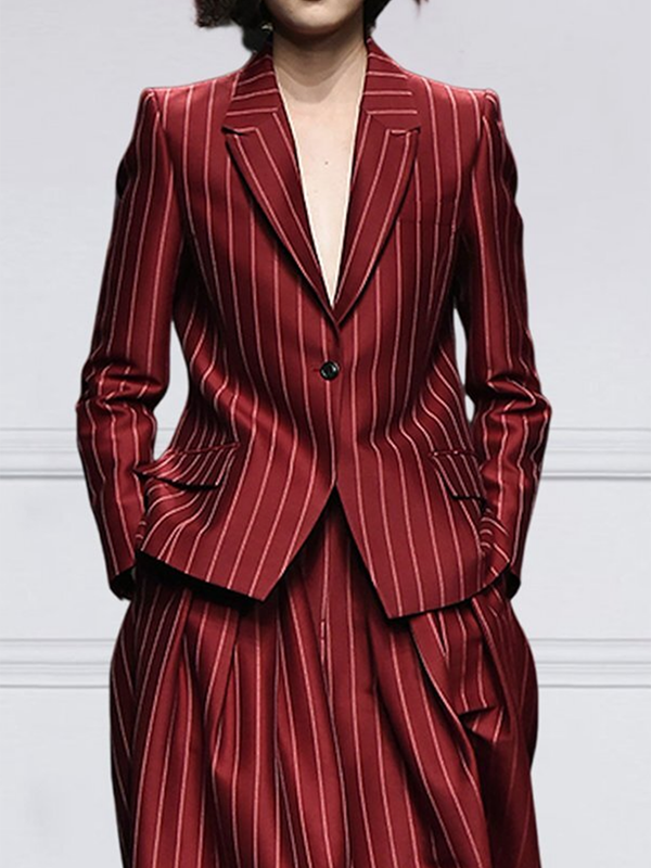 Long Sleeves Loose Striped Notched Collar Blazer Outerwear
