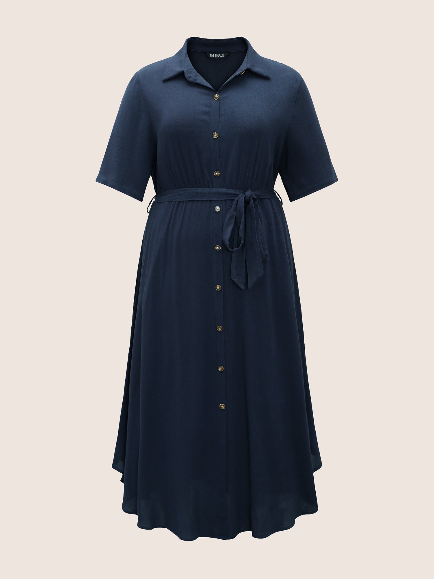 Solid Button Pocket Shirt Collar Belted Maxi Dress