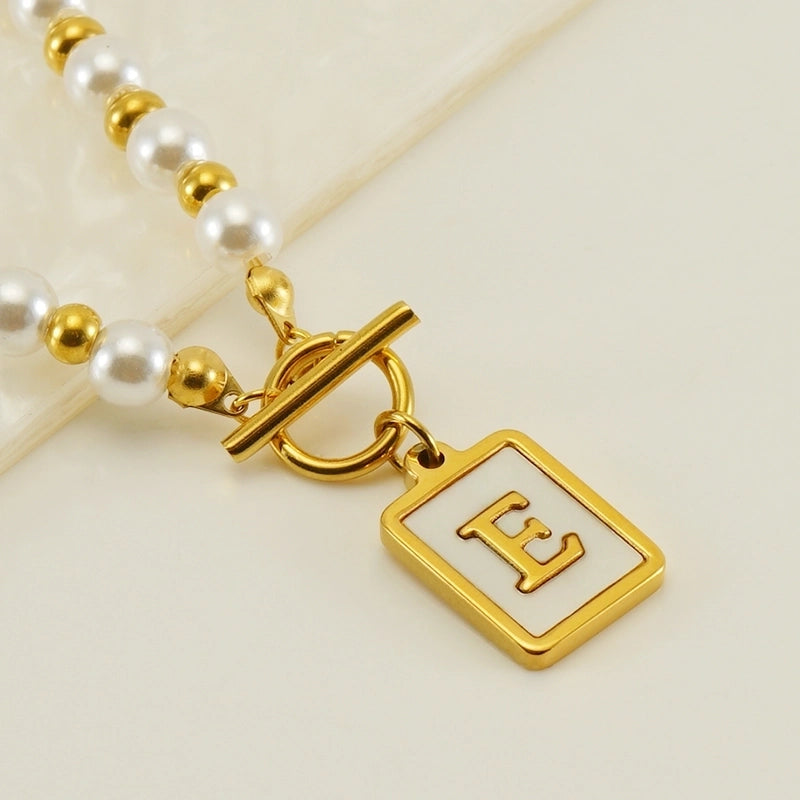 Stainless Steel 18K Gold Plated Elegant French Style Pearl Plating Inlay Letter Shell Pendant Necklace