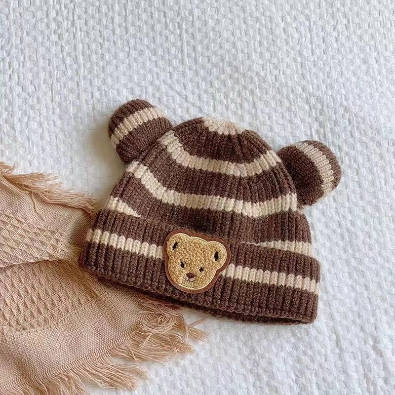 Baby Hat Autumn And Winter Korean Style Baby Hat Striped Cute Bear Hat Wool Hat Boys And Girls Hat