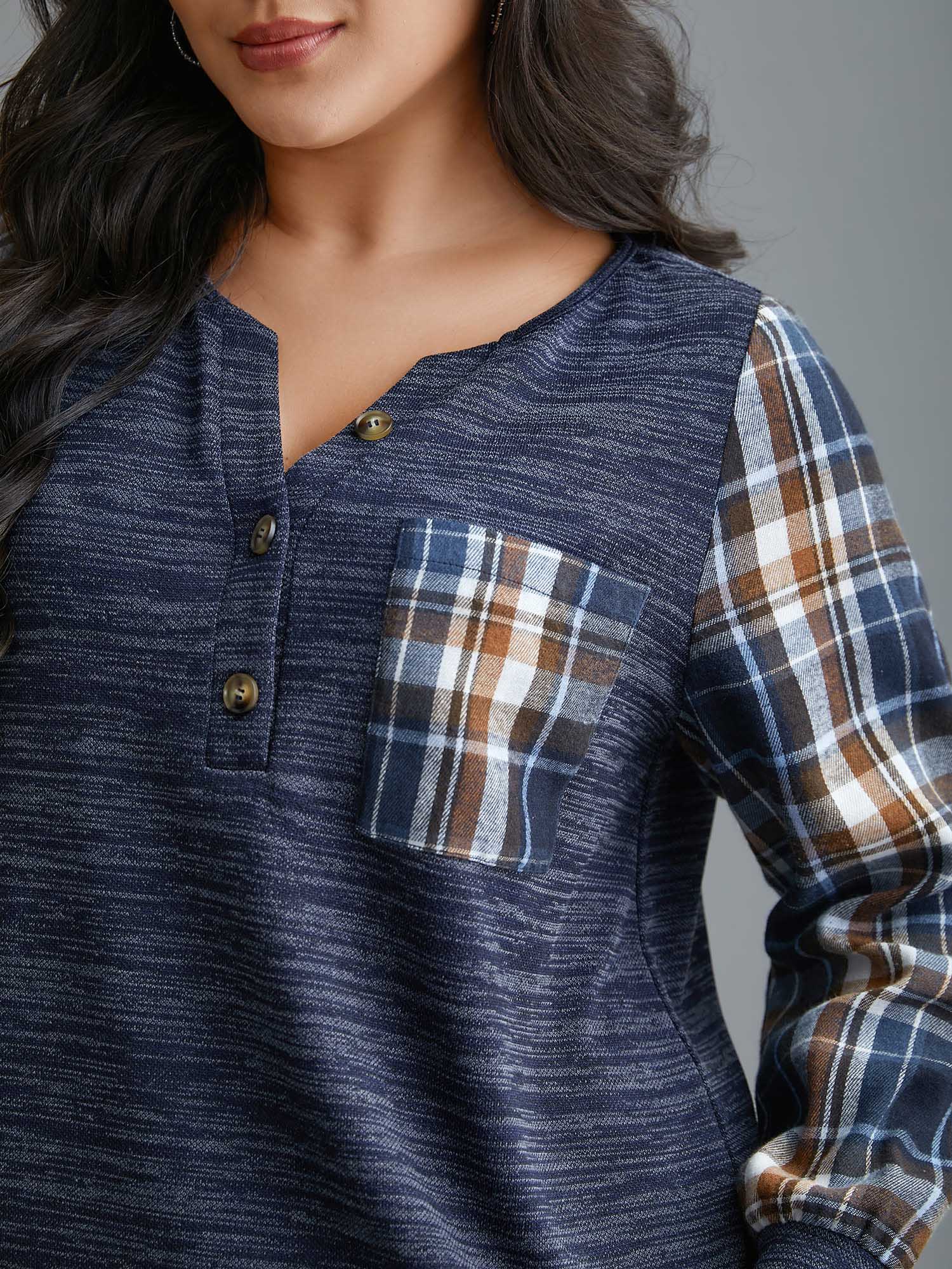 Plaid Sleeve Button Up Patchwork Sweatshirt