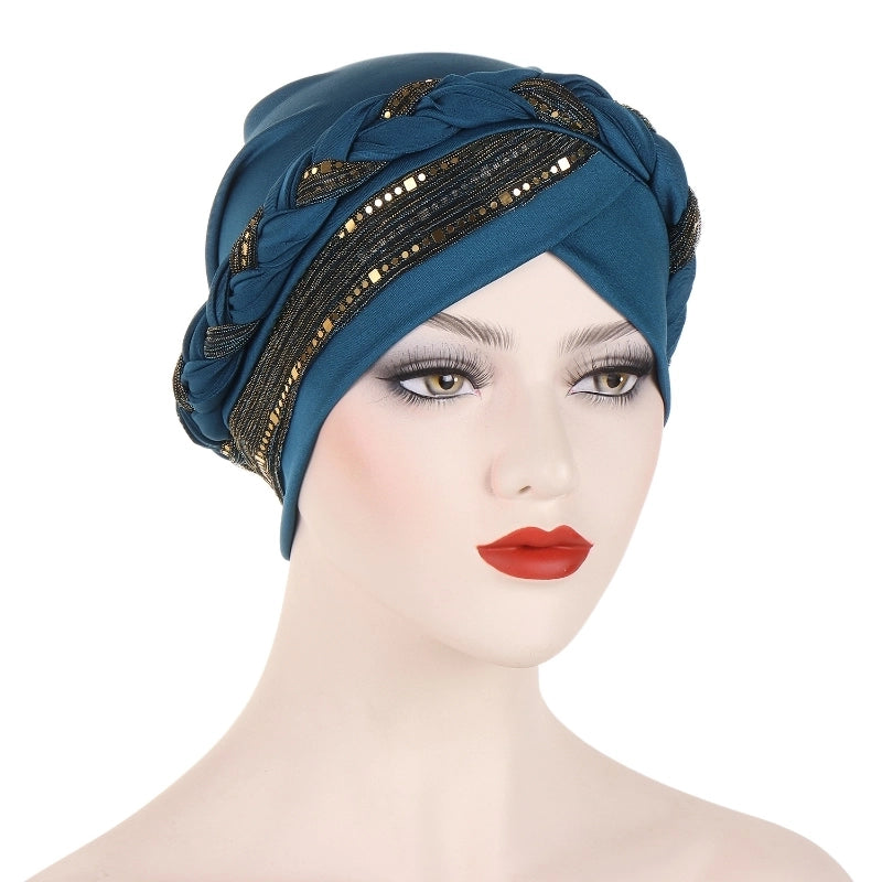 New Sequined Braid Hat Fashion Headscarf Hat Women's Travel Pullover Hat