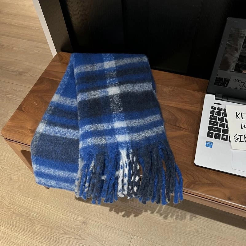 Rainbow Plaid Tassel Mohair Scarf Autumn And Winter Thickened Student Warm Scarf For Women