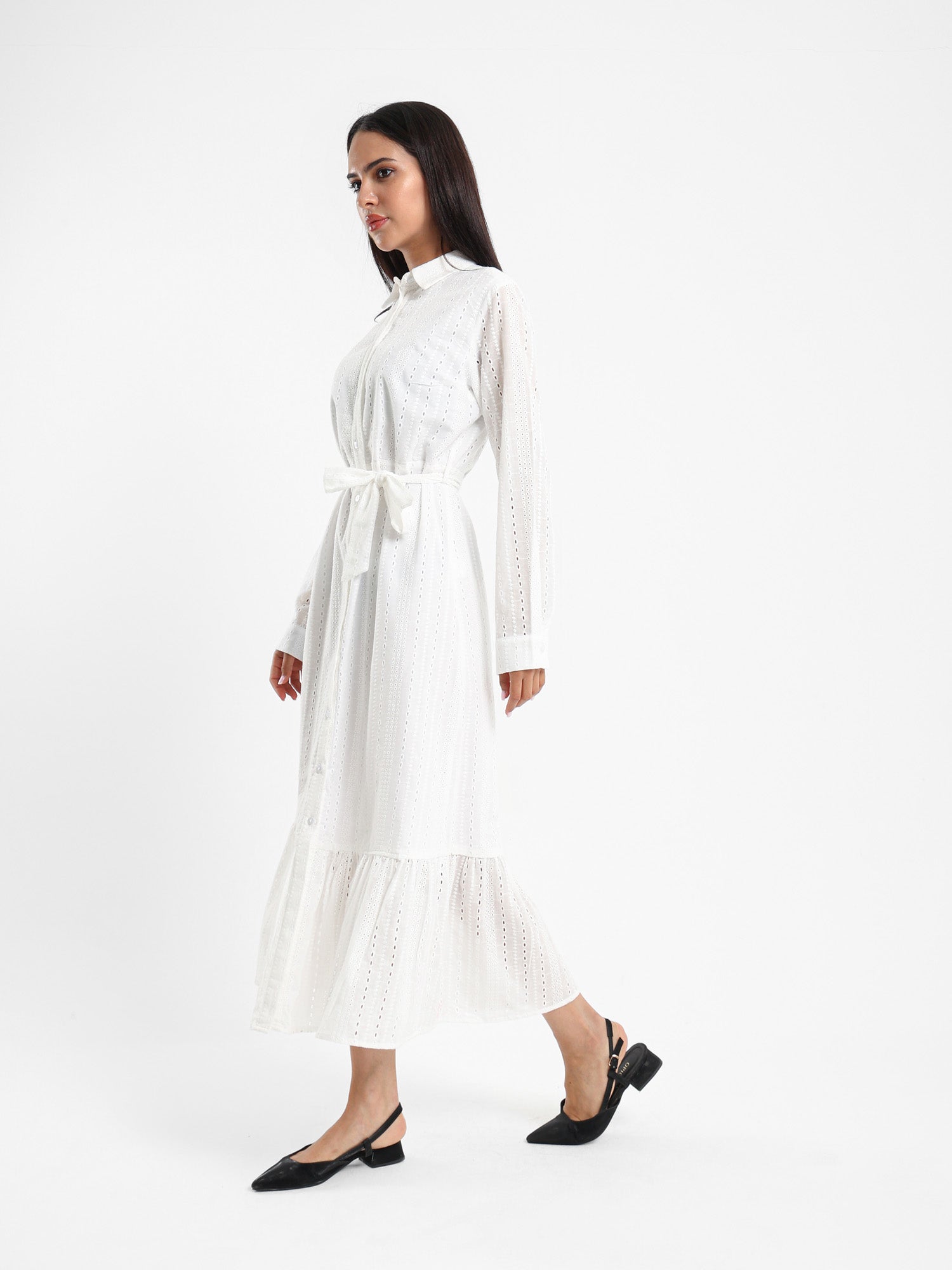 Button-Front Midi Broderie Dress
