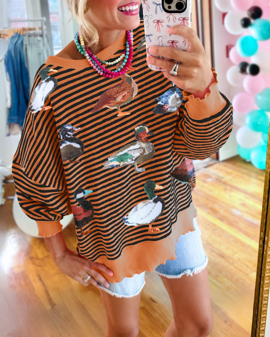 Cute Duck Sequin Stripe Sweatshirt