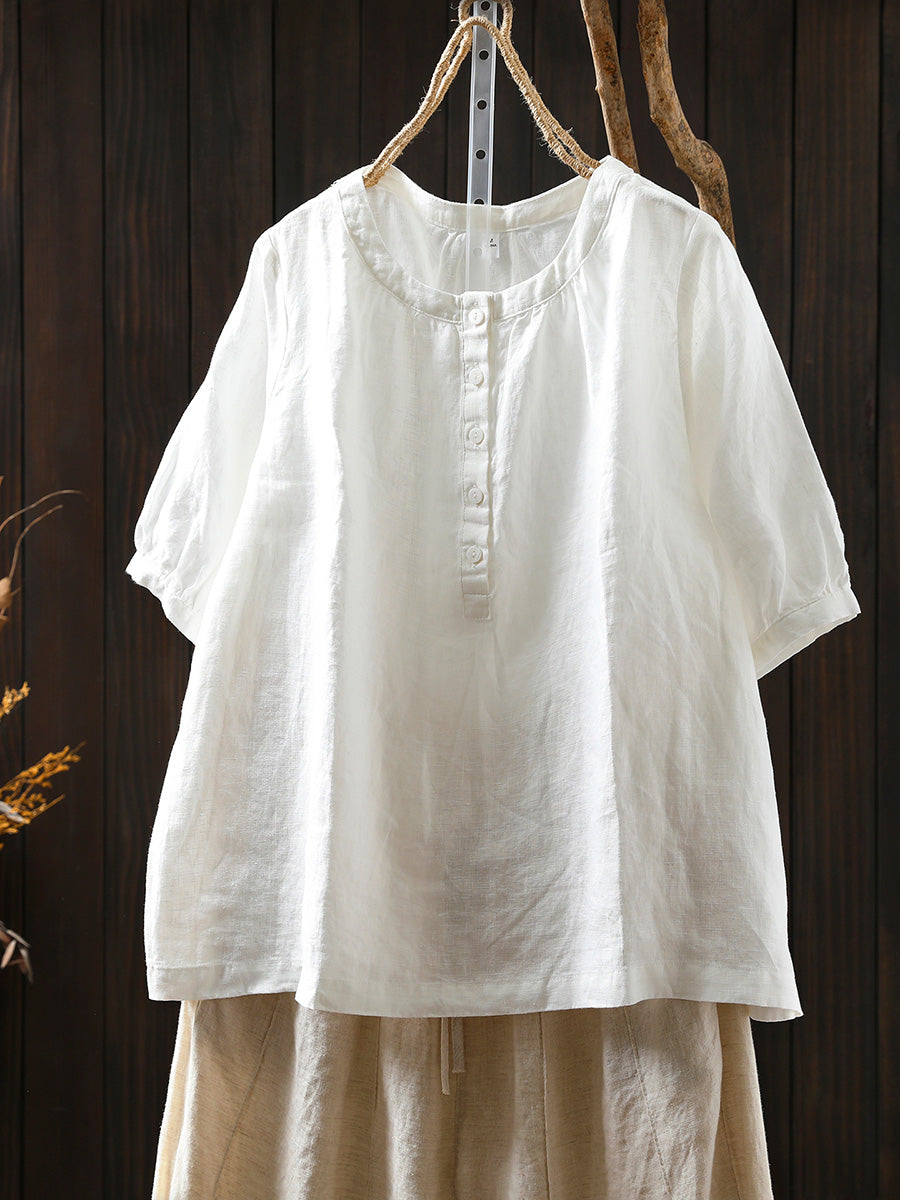 Women Summer Pure Color Button 100%Linen O-Neck Shirt