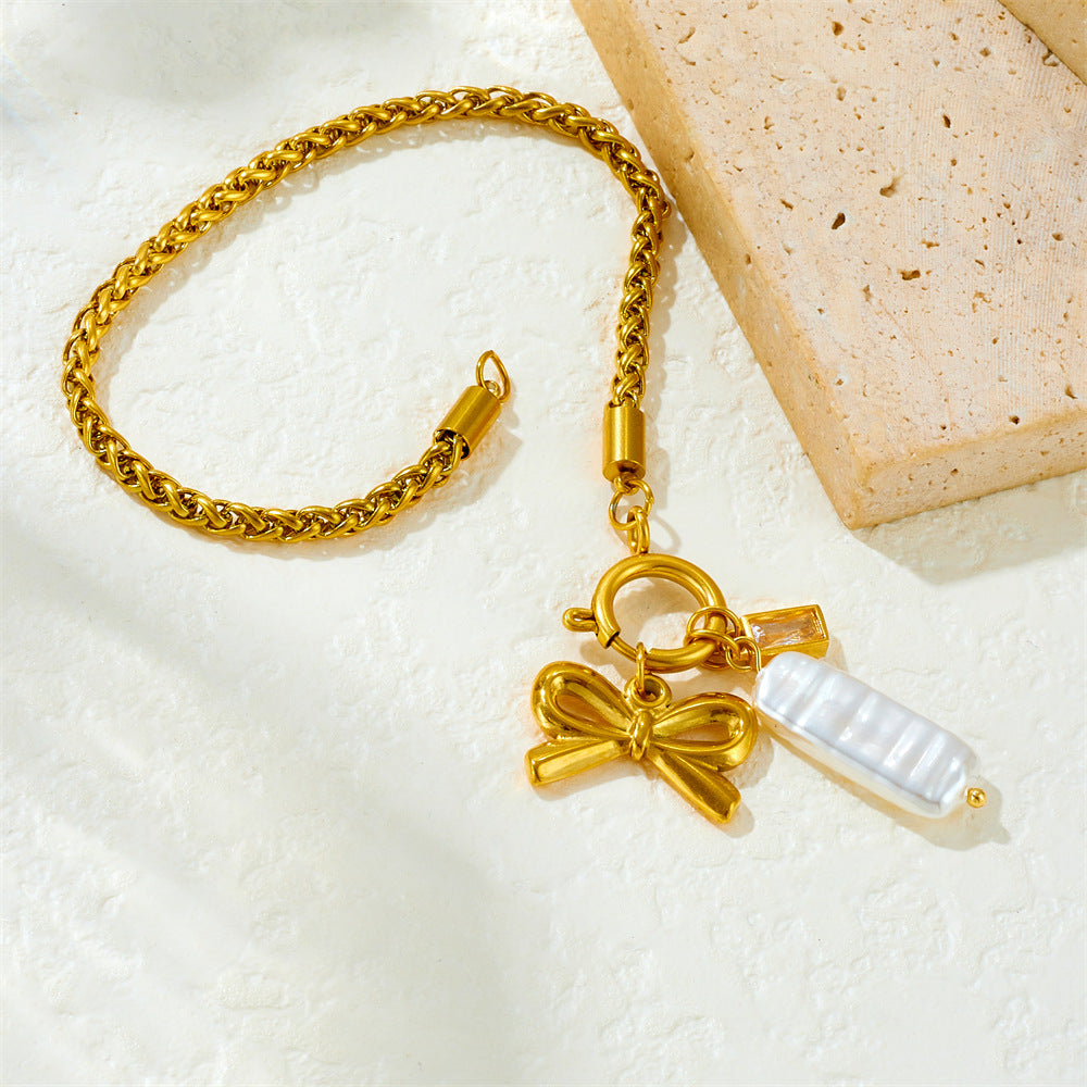Fashion Simple Gold-Plated Twist Chain Bow Shell Pendant Stainless Steel Gold-Plated Bracelet