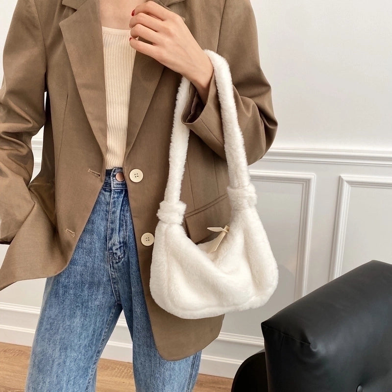 Korean Style Autumn And Winter Mao Solid Color Mini Bag Casual Fashion Internet Popular Underarm Women's Bag Fashionable Western Style Plush Handbag