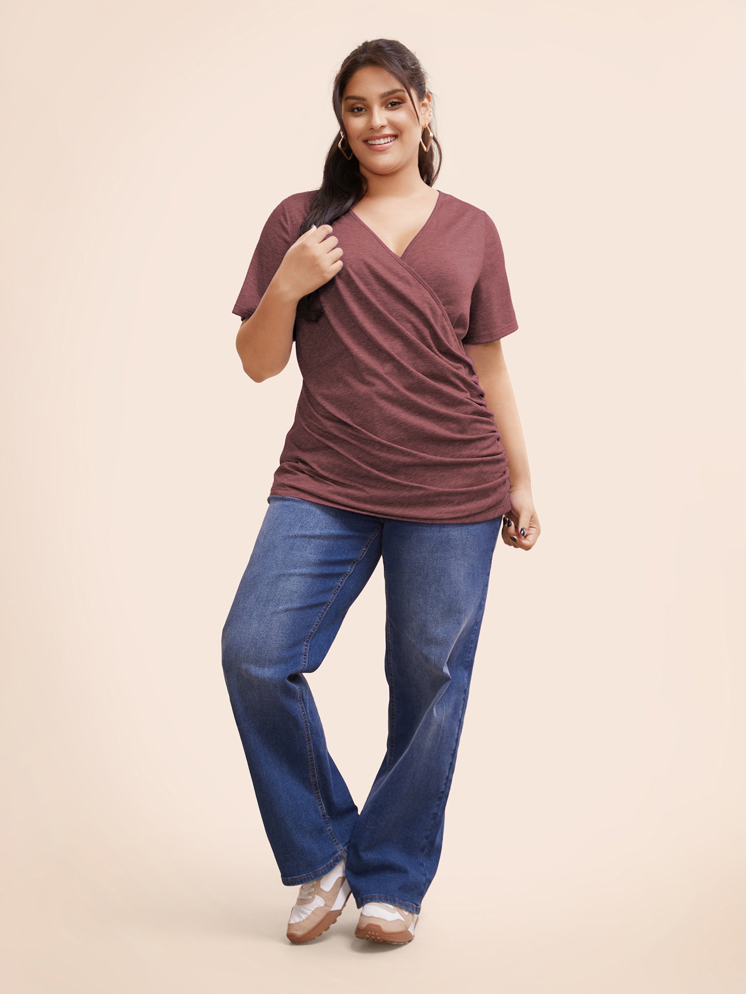 Solid Heather Overlap Collar Gathered T-shirt