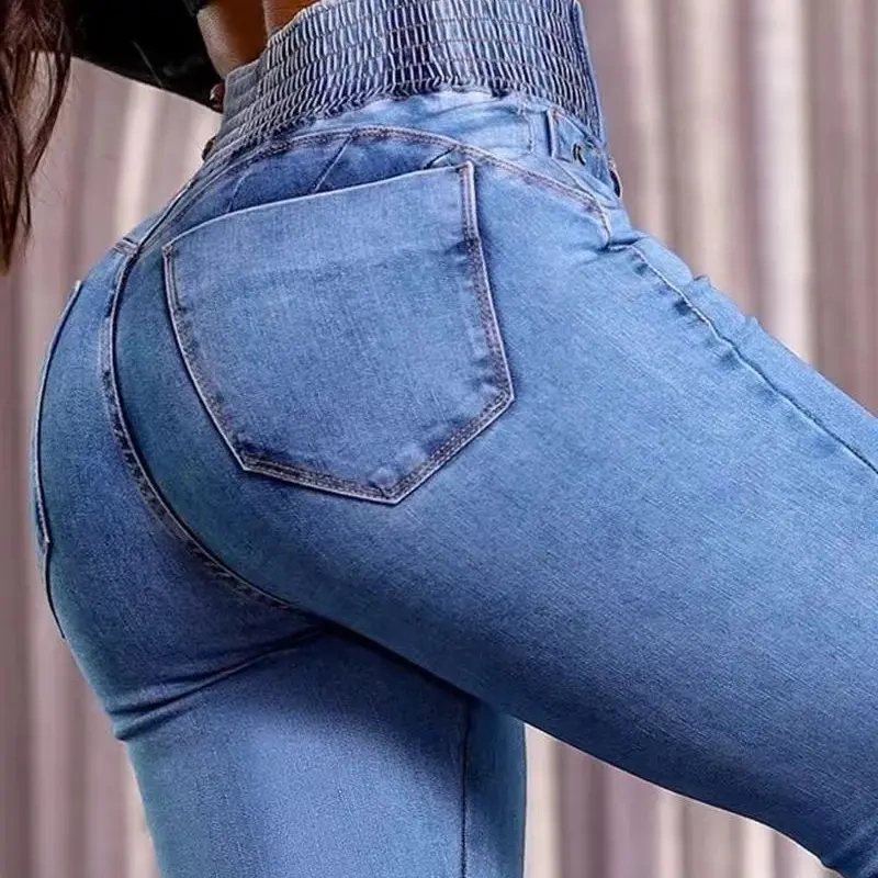 🔥Hot Sale🔥Women's Back Shirred Button Front Jeans High Waist Pants with Pockets