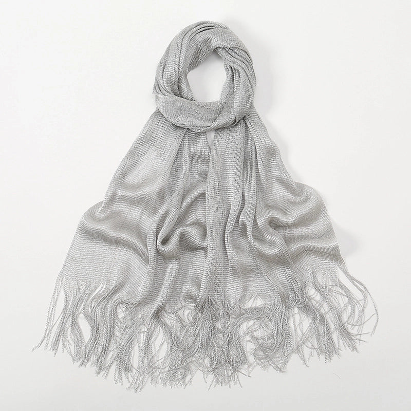 Women's Elegant Solid Color Gold And Silver Wire Tassel Scarf