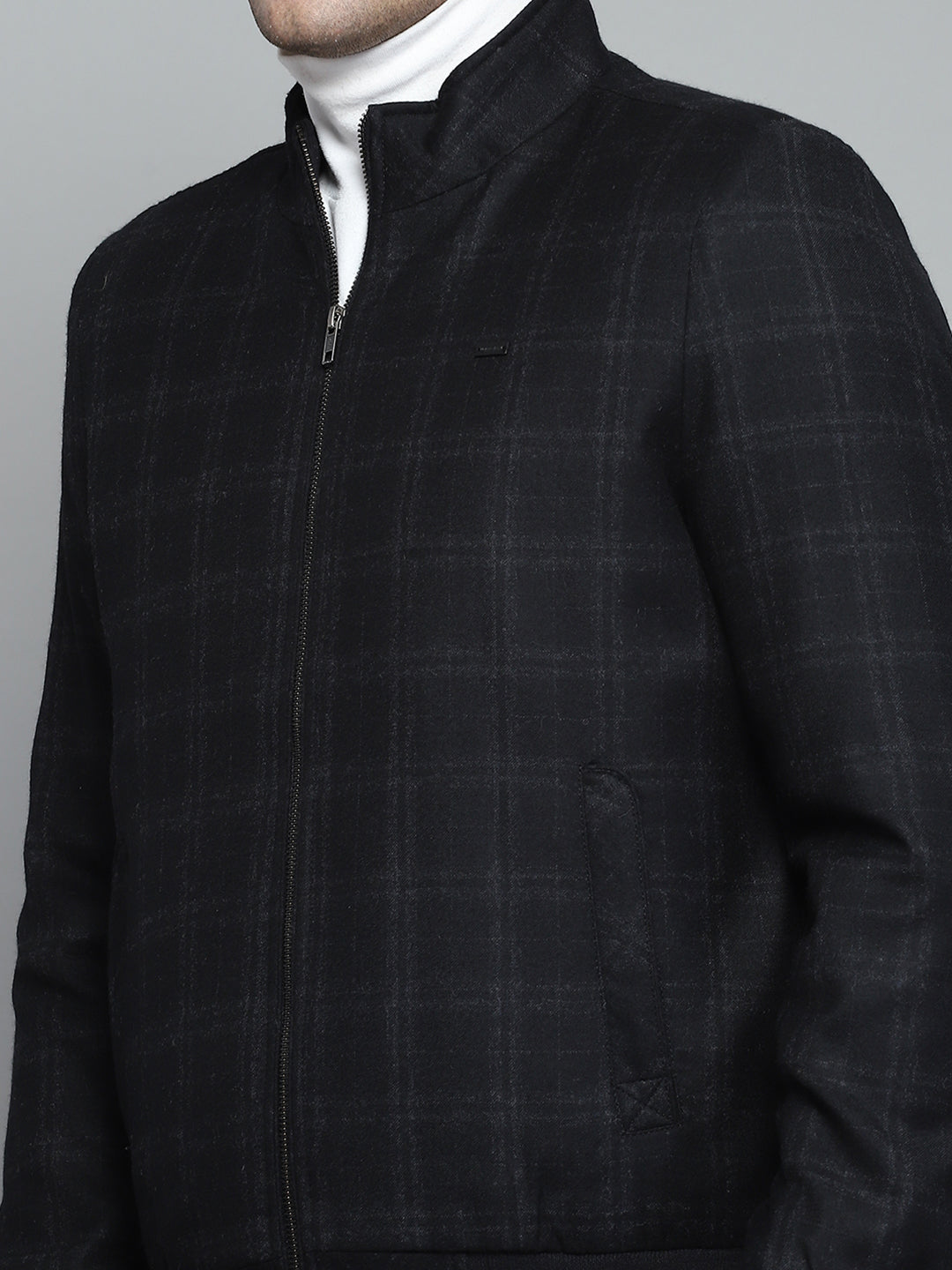 Men Black Check Mock Neck Full Sleeve Jacket