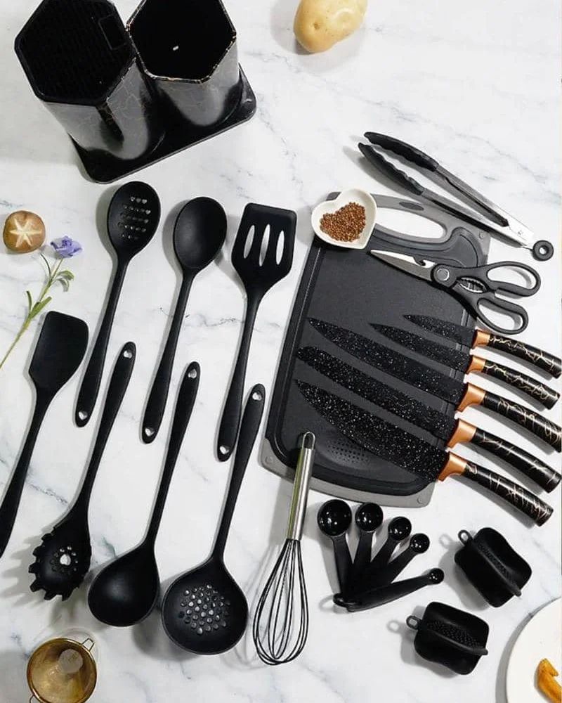 25 PCs Silicon Cooking & Knife Set With Board-Goldish