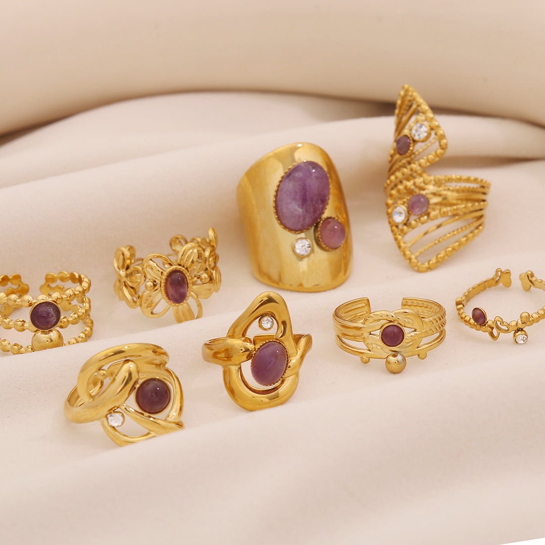 Retro Amethyst Natural Stone Ring Geometric Metal Style Open Ring R120