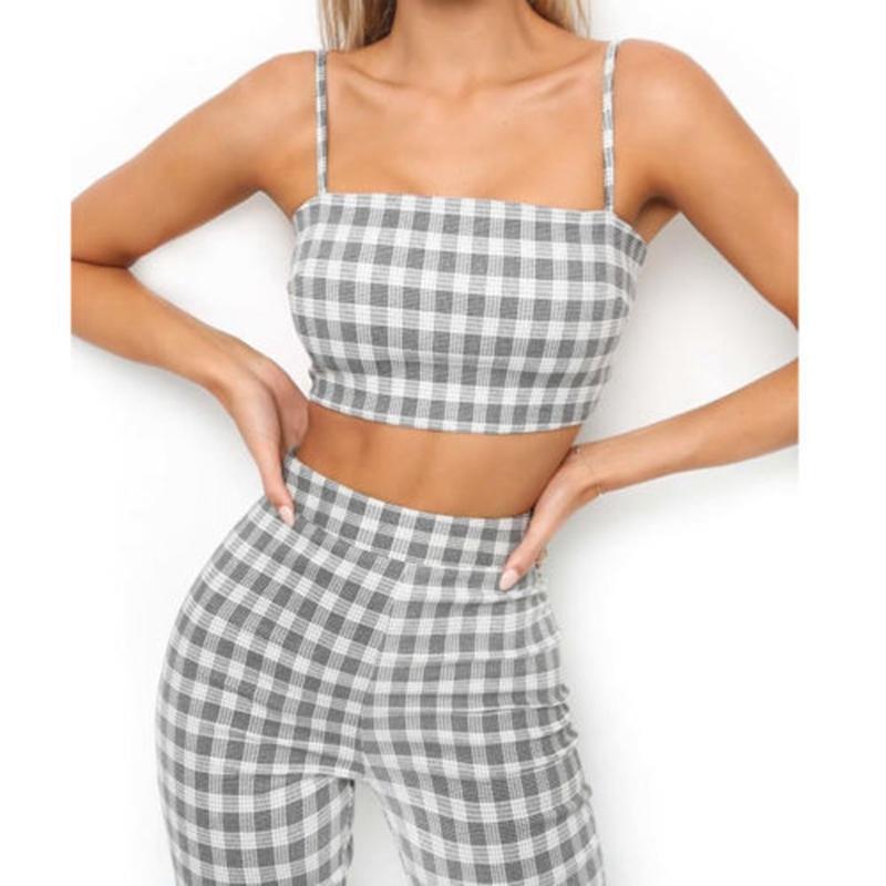 Grey Plaid Cropped Top Flared Pants (2 Piece Set)