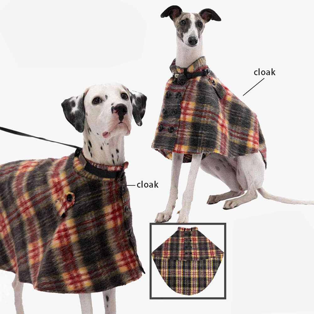 Vintage Plaid Wool With Refined Leather Collar & Button Dog Cape