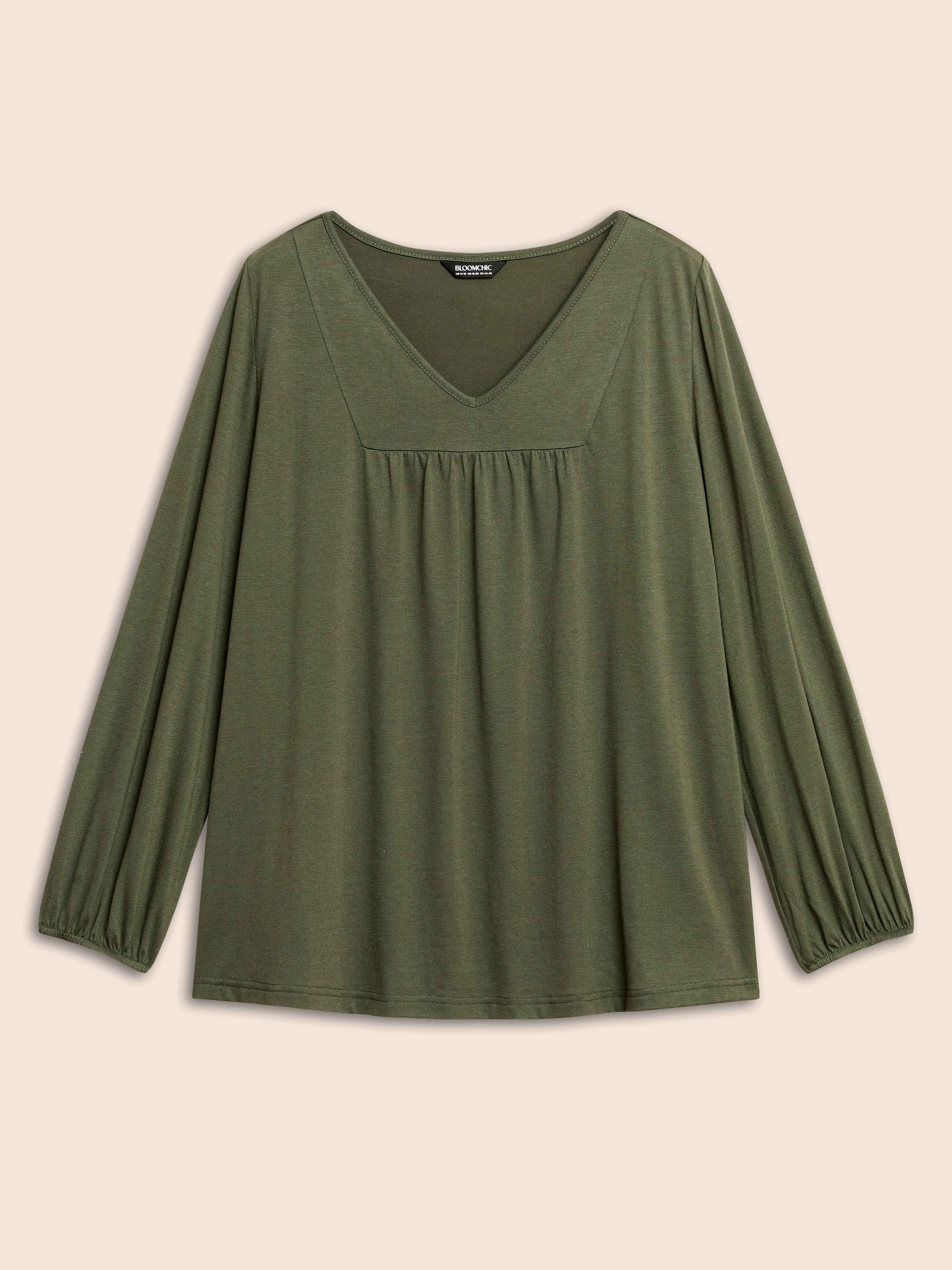 V Neck Gathered Lantern Sleeve Jersey Top