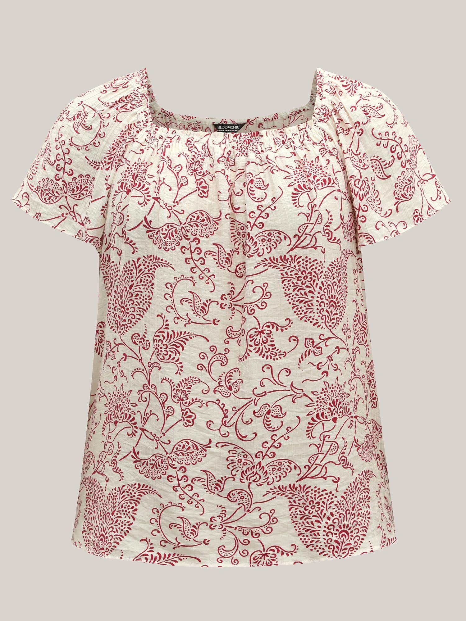 Floral Print Shirred Neck Flowy Blouse