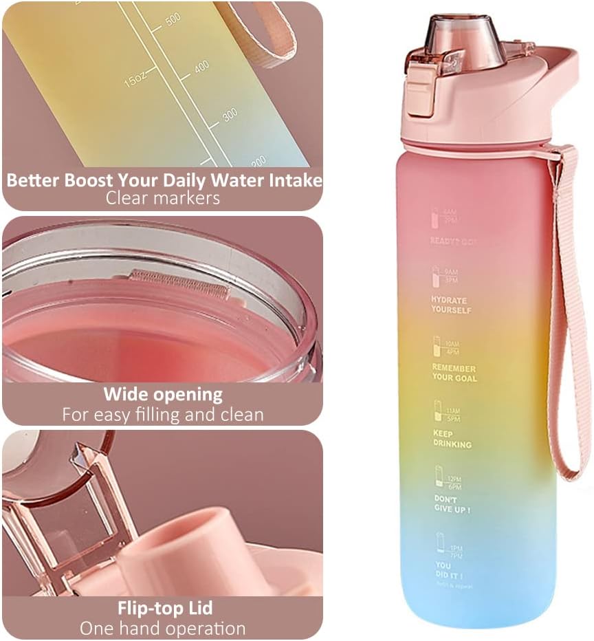 1100ml Sports Water Bottle With Time Marker. Leak Proof Portable Reusable Drinking Bottle