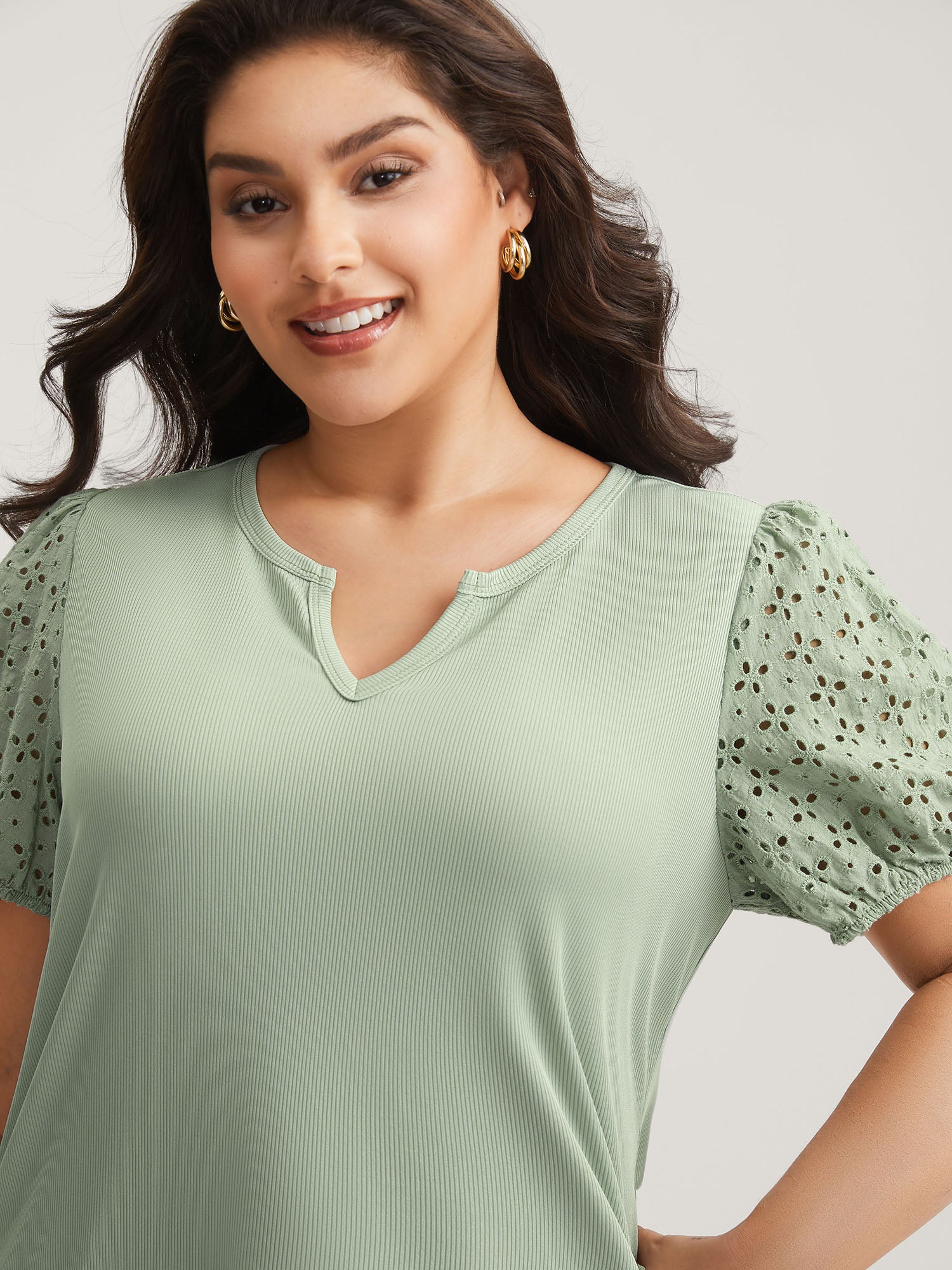 Eyelet Trim Solid Puffy Sleeve Knit Top