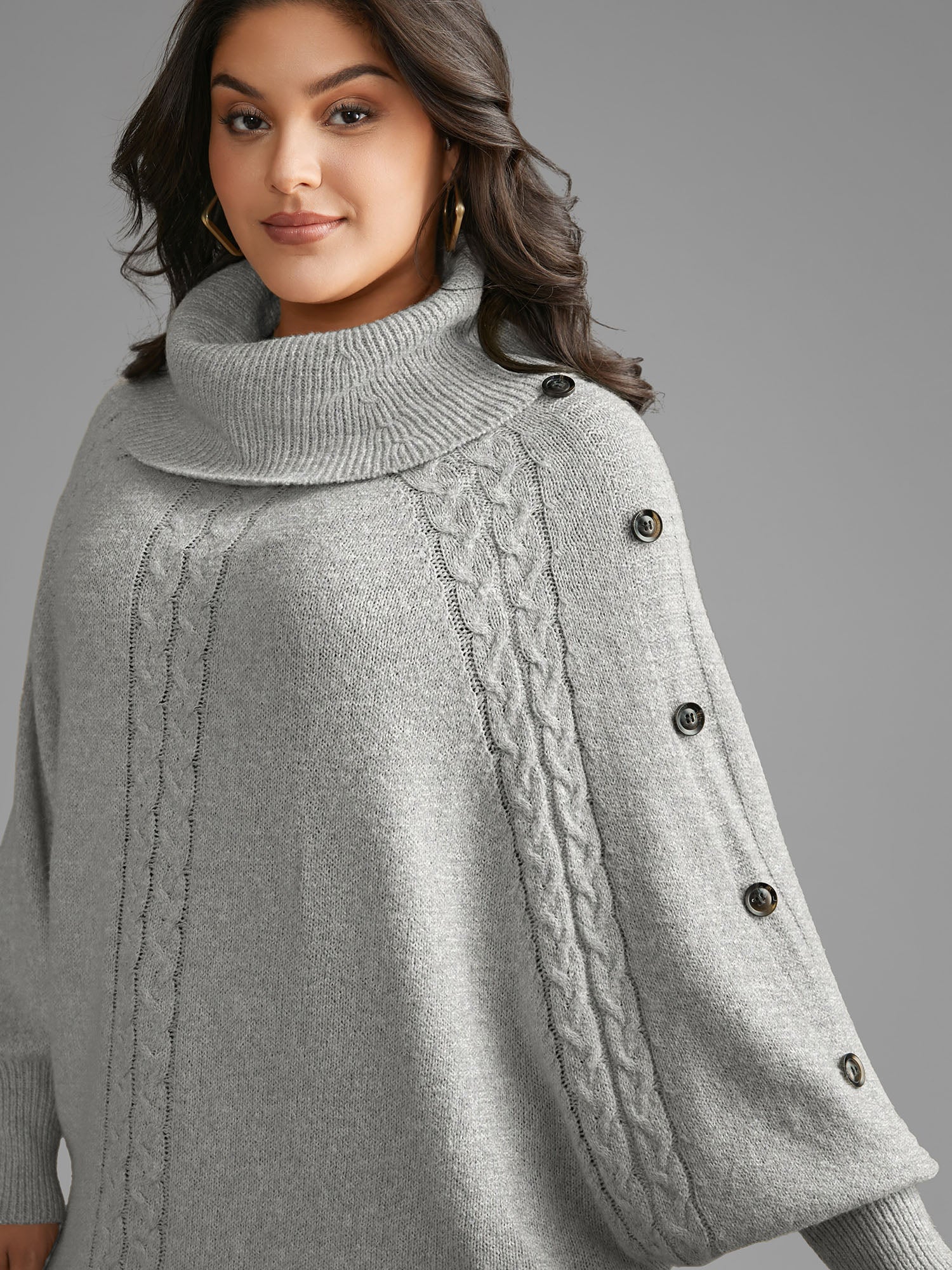 Turtleneck Cable Knit Asymmetrical Hem Pullover