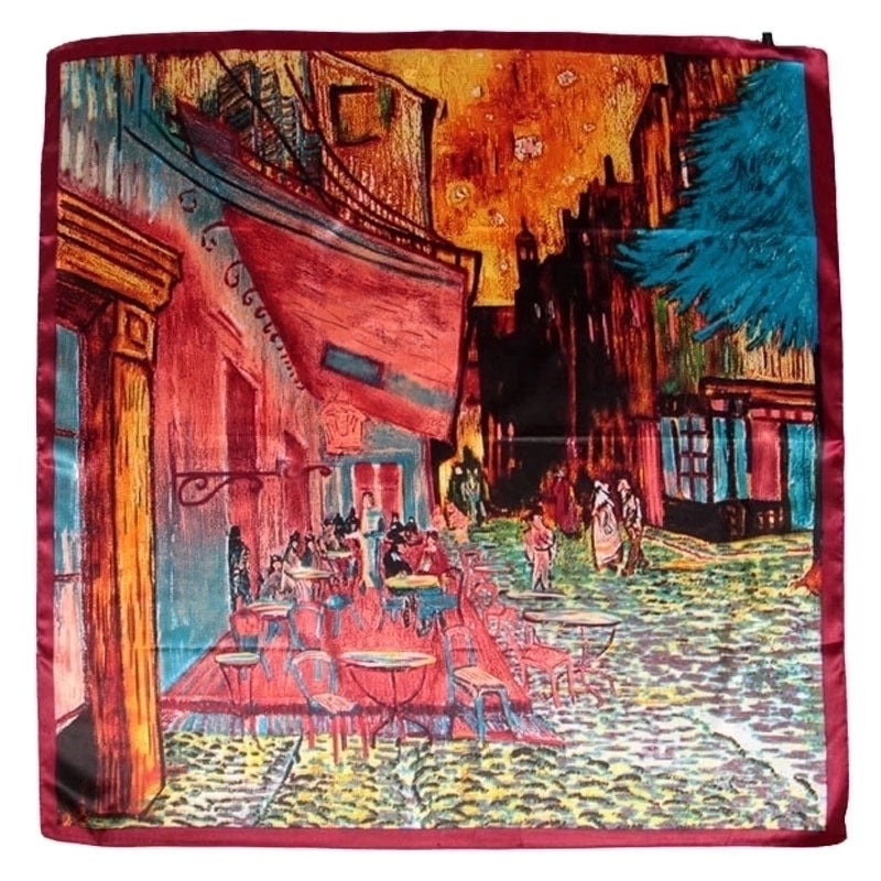 90cm Oil Painting Coffee House Alley Satin Ladies Large Square Scarf