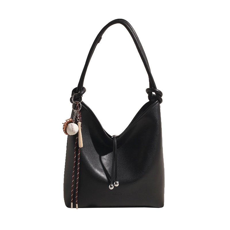 Women's Pu Leather Solid Color Basic Sewing Thread Bucket Hook Loop Shoulder Bag Bucket Bag