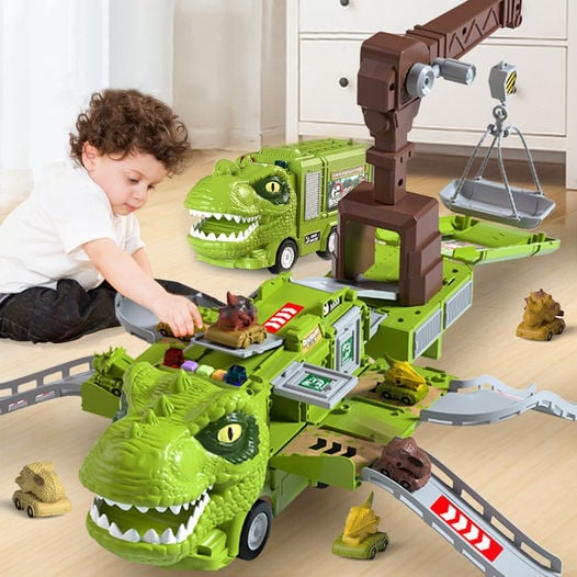 🦖New Dinosaur Transforming Engineering Truck Track Toy Set With Lights and Music